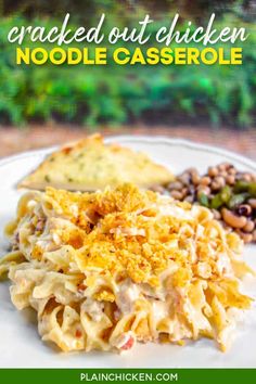 a white plate topped with chicken noodle casserole