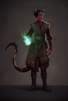 the character is dressed in green and has horns on his head, holding a glowing ball