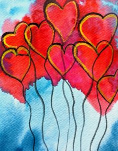 watercolor painting of red hearts in a blue vase with pink and yellow flowers on it