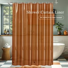 the shower curtain liner is clear and brown