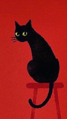 a painting of a black cat sitting on top of a red stool with yellow eyes