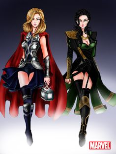 an image of two women dressed as thorite and lokien from the avengers comics