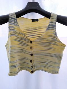 Take a road trip in this cutest Vintage (1990's) Yellow and blue striped knitted cropped tank top/ waistcoat. Brown wooden buttons.  Size 8/10 Pristine condition Basketball Tank Tops, Bohemian Dresses Long, Summer Crop Top, Sleeveless Shirt Dress, Festival Summer, Outdoor Shirt, Yellow Knit, Summer Crop Tops, Wooden Buttons