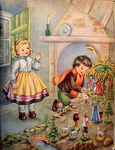 a painting of two children playing in front of a fireplace with christmas decorations on the floor