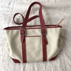 Natural Color Medium Size Canvas And Leather Tote. Never Used. Pockets On Inside For Phone And Small Items. Zipper On Top To Close. Small Mark On Side But Can Probably Be Removed With Some Soap And Water. 12 Inches Across At The Top. 10 Inches At The Bottom. 8 1/2 Tall. Straps Currently Set At 9 Inches But Adjustable. Coach Satchel With Leather Handles For Daily Use, Classic Rectangular Canvas Bag For Errands, Classic Canvas Bag With Double Handle For Errands, Coach Canvas Tote Shoulder Bag, Coach Canvas Bag With Double Handles, Coach Canvas Bags With Double Handle, Brown Coach Canvas Bag, Coach Double Handle Canvas Bag, Coach Canvas Shoulder Bag For Everyday