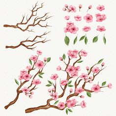 an image of cherry blossom tree branches with flowers and leaves painted on them in pastel colors