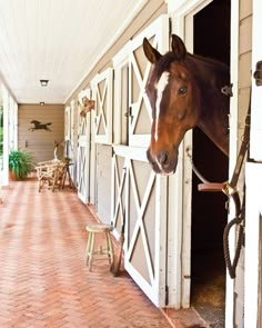 a brown horse standing next to a white door on top of a brick floored hallway