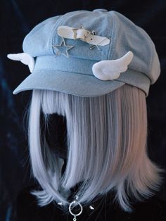 Elevate your kawaii style with this charming handmade denim hat featuring a delightful star buckle and wings design. The light blue denim adds a touch of casual elegance, while the pins decoration adds a playful and customizable element. This hat is perfect for adding a whimsical touch to any outfit, and is sure to turn heads wherever you go.  Please note that this product includes only the hat. Fedora Hat Reference, Pastel Blue Accessories, Winged Outfits, Messenger Hat Outfit, Hat Covering Eyes, Oc Accessories Ideas, Jellyfish Clothes, Jellyfish Outfit, Hat Design Ideas