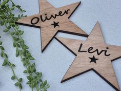 two wooden stars with names on them