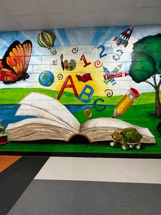 School murals, murals, elementary school walls Paintings For School Walls, School Garden Decoration Ideas, Mural Art For School, Classroom Mural Ideas Elementary, Art Classroom Wall Painting, Mural School Wall, School Wall Mural Ideas, Mural Ideas School, School Murals For Kids