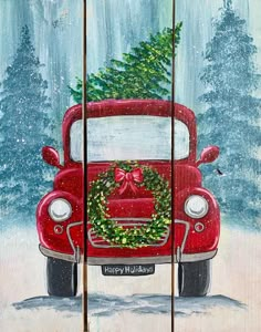 a painting of a red car with a christmas tree on the hood and door handle