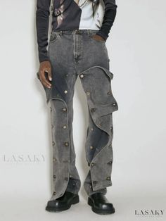 Lasaky - High-Waisted Denim Pants with Detachable Button Design and Irregular Sense of Style Reconstructed Denim, Summer Wear Men, Casual Pants Style, Nature Fashion, Jeans High Waist, Denim Patterns, Jeans Fabric, Slim Trousers, Long Jeans