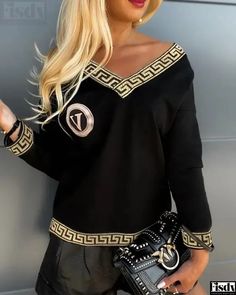 Geometric Letter Long-Sleeve Shirt Lantern Sleeve Top, Puff Sleeve Crop Top, Geo Print, Olivia Mark, Geometric Print, Long Sleeve Top, Casual Tops, Black Shirt, Sleeve Styles