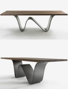 two different views of a table with metal legs and a wooden shelf on the top