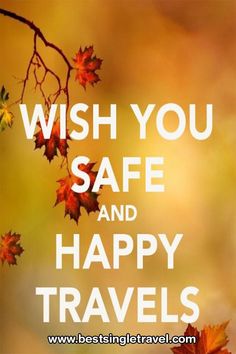 the words wish you safe and happy travels are displayed on a blurry background with autumn leaves