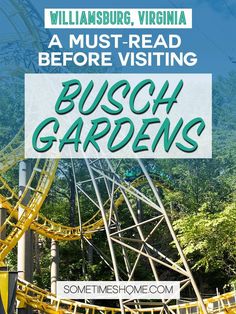 an amusement park with the words busch gardens in green and white overlaying it