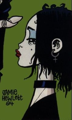 a drawing of a woman with black hair and piercings on her ear, wearing a top hat