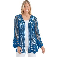 This Open-Front, Crochet Jacket Features An Intricate Crochet And Floral Lace Pattern With A Scalloped Floral Crochet Hem And Long Sleeves. Approx. 28"L. Machine Wash. Cotton; Imported. Choose: White Or Black. Available In: M/L(10-16) Or Xl/Xxl(18-24). Spring Casual Outerwear With Crochet Trim, Blue Open Knit Winter Outerwear, Long Sleeve Outerwear With Crochet Trim For Fall, Casual Fall Outerwear With Crochet Trim, Long Sleeve Crochet Lace Outerwear For Fall, Crochet Outerwear For Beach In Spring, Spring Beach Outerwear With Crochet Details, Crochet Outerwear For The Beach, Spring Blue Open Knit Outerwear