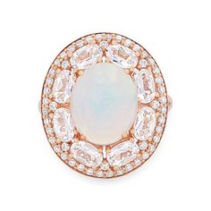 Bold and unique, this ring features a 3.00 carat opal surrounded by 0.75 carats of morganites and 0.50 carats of round brilliant cut diamonds. Morganite Halo Ring, Diamonds Direct, Halo Ring, Halo Rings, Round Brilliant Cut Diamond, Opal Rings, Morganite, Round Brilliant, Fashion Rings