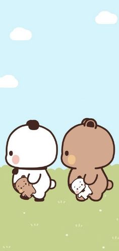 two cartoon bears are playing with each other in the grass and one is holding a baby bear