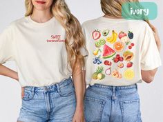 Calling all fruit lovers! This Comfort Colors fruit t-shirt is the perfect summertime tee. The beautiful watercolor retro fruit is the perfect pair for a sweet summertime.  PROCESSING & SHIPPING Processing time is approx 1-7 business days (there may be exceptions during holiday seasons). Shipping time is separate from processing time and is approximately 2-5 business days. Please check the estimated delivery times at checkout and upgrade the shipping at checkout if you need it sooner. Expedited Sweet Short Sleeve Tops With Fruit Print, Sweet Summer Tops With Fruit Print, Sweet Fruit Print Summer Tops, Sweet Fruit Print Tops For Summer, Cute Crew Neck T-shirt With Fruit Design, Summer Fruit Design Crew Neck T-shirt, Fun Fruit Print T-shirt For Summer, Fun Summer T-shirt With Fruit Print, Sweet Summer T-shirt With Crew Neck