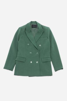 This Deluc Sophia Blazer is a stylish and sophisticated addition to your wardrobe. The double breasted blazer is crafted from a polyester-rayon blend in a bold pine green hue and features an oversized fit. The model is wearing an XS.