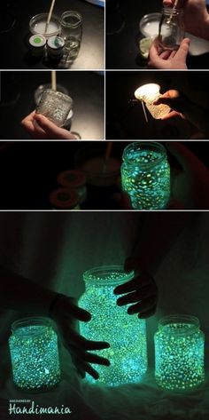 glow in the dark mason jars with hands and spoons on them, while one person pours liquid into it