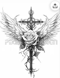 a cross with wings and a rose on it