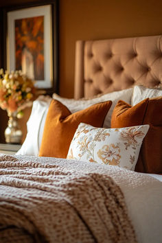 a bed with pillows and blankets on top of it next to a vase filled with flowers