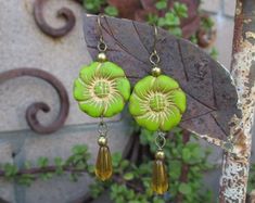 Boho Earrings,boho Daisy Earrings,flower Earrings,czech Glass Earrings,hippie Earrings,gyspy Earrings,yellow Earrings,flower Pot Earrings. - Etsy Whimsical Green Czech Glass Earrings, Handmade Czech Glass Flower Earrings In Vintage Style, Handmade Czech Glass Vintage Flower Earrings, Handmade Vintage Czech Glass Flower Earrings, Yellow Whimsical Dangle Earrings, Whimsical Yellow Dangle Earrings, Green Whimsical Flower Shaped Earrings, Whimsical Green Flower-shaped Jewelry, Yellow Bohemian Nickel-free Flower Earrings