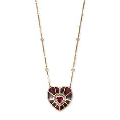 Details 14k gold pave pink tourmaline heart center + red purple opal heart vortex inlay 4 diamond mini smooth bar necklace Available in 14k yellow, rose and white gold Japanese lab created opal Handmade in USA Necklace length is 18" + 2" extension Heart is approximately 1.25" Due to the nature of all gemstones, small variations in size, shape and color may occur and may not be exact as image shown Purple Diamond Necklace, Purple Opal, Heart Center, Purple Diamond, Purple Necklace, Crystal Collection, Bar Necklace, Pink Tourmaline, Red Purple