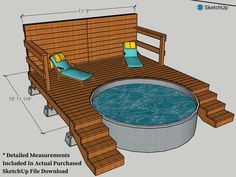 an outdoor hot tub is shown with measurements for the seat and back cushions on it