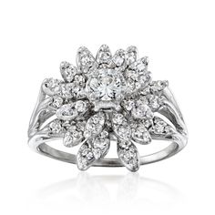 Ross-Simons - C. 2000 Vintage 1.10ct t. w. Diamond Flower Ring in 14kt White Gold. Size 7. C. 2000. Here's a flower that will last a lifetime. This stunning ring from our Estate collection has a sparkling .20 carat round brilliant-cut diamond at the center of its glorious display of petals, decorated with .90 ct. t. w. diamonds. Crafted in glossy 14kt white gold. 5/8" wide. Diamond flower ring. Exclusive, one-of-a-kind Estate Jewelry. Diamond birthstones are the perfect gift for April birthdays. Classic Flower Shaped Diamond Ring For Anniversary, Jewelry Presentation, Diamond Flower Ring, Antique Jewelry Rings, Diamond Birthstone, Diamond Flower, Flower Ring, Vintage Diamond, Round Brilliant Cut Diamond