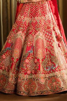 Red can can attached lehenga featuring thread embroidered floral jaal- peacock motifs along the panels, contrast scalloped patchwork hemline, embellished by sequins and beads. Comes with beaded tassel embellished padded blouse and scalloped border dupatta. - Aza Fashions Abla Work Lehenga, Peacock Embroidery Lehenga, Bohemian Embroidered Red Lehenga, Pomcha Jaipur Lehenga, Red Embellished Unstitched Lehenga, Cape Lehenga, Kurta Lehenga, Lehenga Pattern, Lehenga Skirt