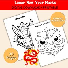 two chinese new year masks with the text, instant printable and 30 pages below