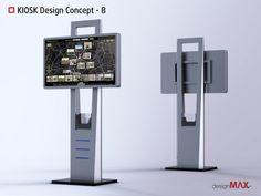 two electronic displays are shown in front of a white background with the words koosk design concept - b on them