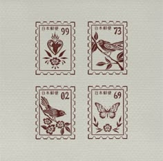 four stamps with birds and flowers on them