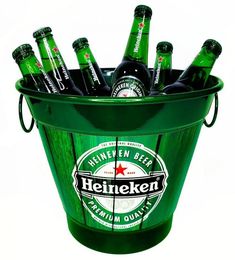 a green bucket filled with bottles of heineken beer