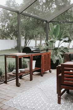 a patio with a grill, table and chairs next to a large green leafy plant