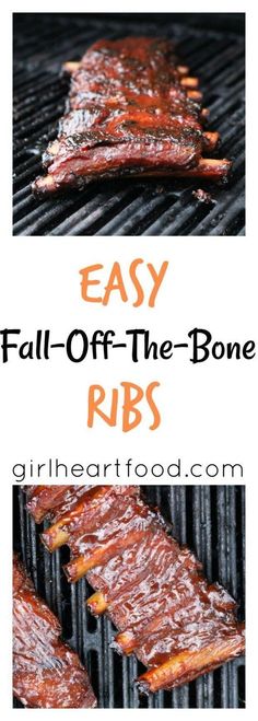 bbq ribs on the grill with text overlay that says easy fall off the bone ribs