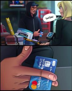 two cartoon images one with a person holding a credit card and the other has a cell phone