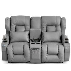 the reclining loveseat has two seats and a cup holder on top of it