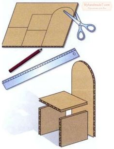 the instructions for making a chair and table with scissors, ruler, and cardboard box