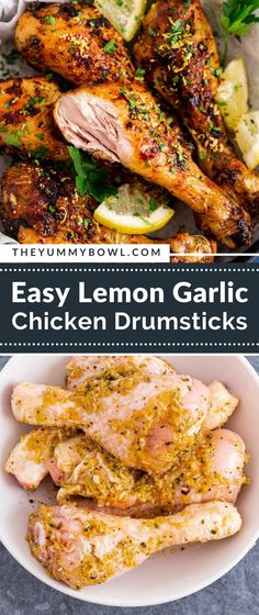 lemon garlic chicken drumsticks on a white plate