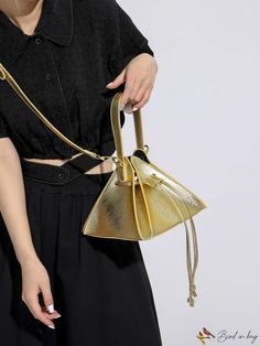 BirdinBag - Stylish Metallic PU Mini Bag with Drawstring Detail - A Funky Novelty Accessory Gold Bucket Bag With Adjustable Strap, Gold Bucket Bag With Removable Pouch, Gold Pouch Bucket Bag For Daily Use, Gold Bucket Bag With Detachable Handle, Gold Bucket Bag With Adjustable Strap For Evening, Gold Handheld Bucket Bag With Detachable Handle, Evening Gold Bucket Bag With Adjustable Strap, Gold Bucket Bag With Detachable Handle For Daily Use, Trendy Gold Bucket Bag With Removable Pouch