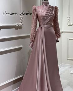 Dubai Dinner, Muslim Prom Dress, Puffy Long Sleeves, Evening Dress Beaded, Dinner Gowns, High Neck Prom Dress, Muslim Evening Dresses, Queen Dresses, Gowns Dresses Elegant