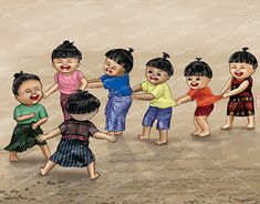 a group of children playing on the beach with their hands in each other's pockets