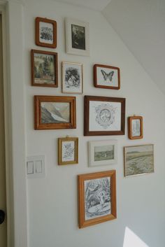 a wall with many framed pictures on it