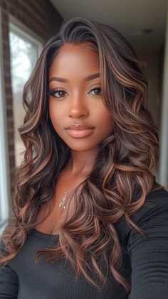 Fall hair colors dark Body Wave Styles For Black Women, Ash Brown Hair Black Women, Hair Colors For Dark Hair, Long Hair Extensions, Bouncy Hair, Dark Hair With Highlights, Woman Png