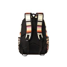 a black backpack with multicolored stripes on the front and back straps, sitting against a white background